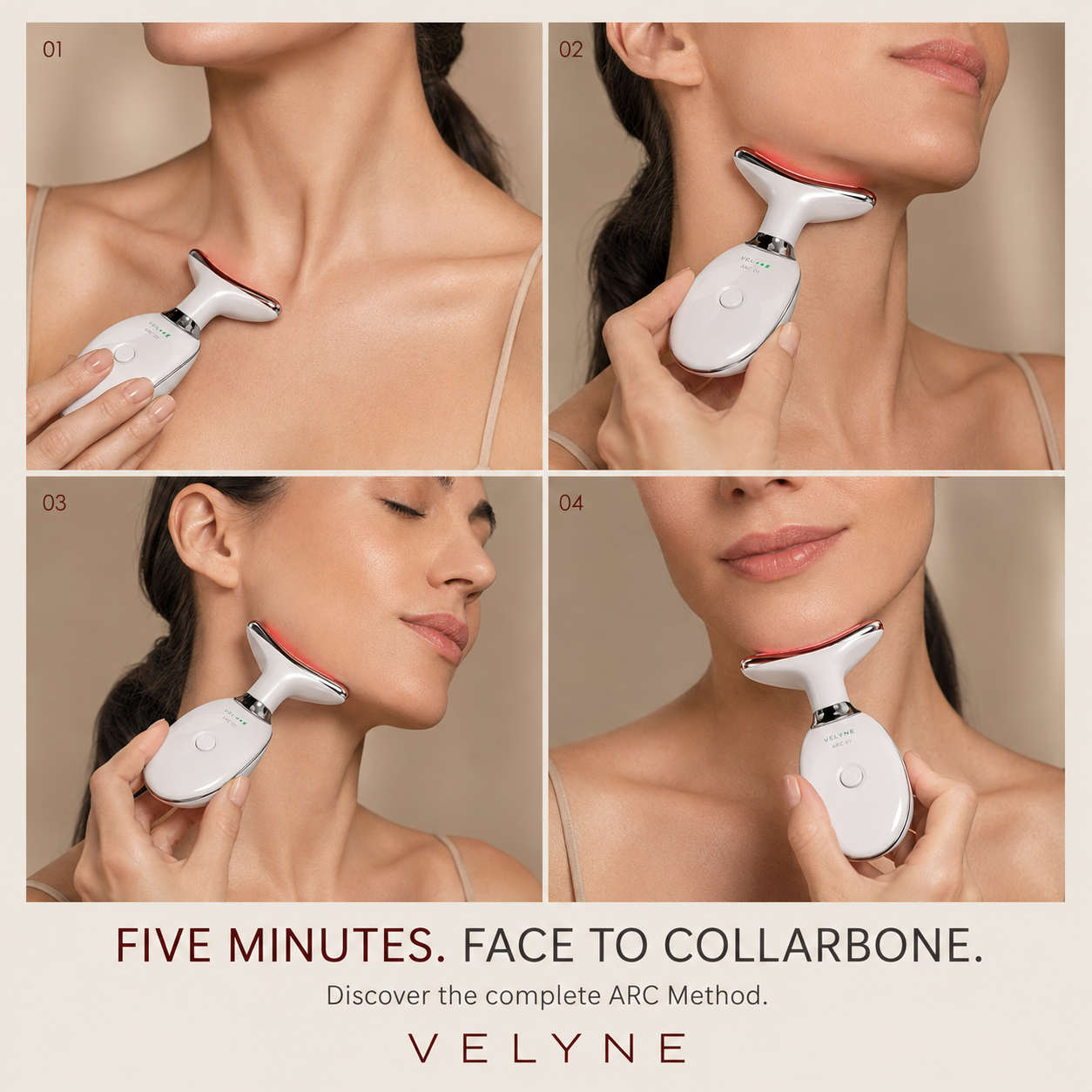 Four views showing VELYNE ARC 01 used from collarbone to jawline